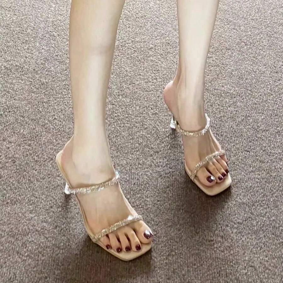 High Heeled Sandals For Women With Slim Heels And Rhinestones, Black New Style, European And American Summer Temperament, Socialite High Heels - 香檳金 - 查看 1