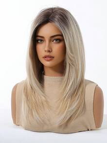 渐变金色假发，中长发，无刘海，耐热合成发，柔软，逼真，透气，适合初学者，适合女性派对、日常通勤、节日、旅游，16 英寸