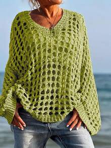 Suéter de punto de unicolor de talla grande, estilo europeo y americano, manga larga, de punto hueco, cubierta casual de playa, primavera/verano - Amarillo Verde - Ver 3