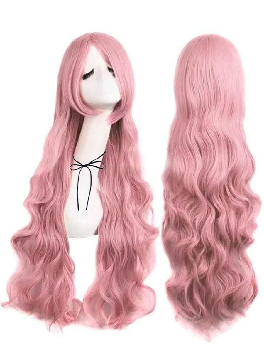 Peluca larga y ondulada de color rosa para mujeres, pelucas rosas con flequillo para Halloween, cabello sintético con un flequillo largo y natural, ondulado, resistente al calor, peluca de color llamativo para fiestas, disfraces, navidad, día de acción de gracias, día de la madre, festivales de música y decoraciones - Rosa - Ver 1