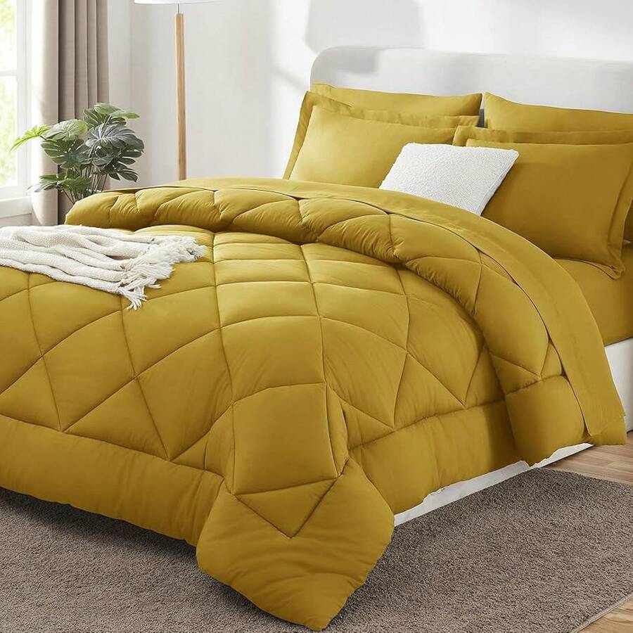 Full Size Comforter Sets Forest Green - Pieces Bed In A Bag, Soft Bed Set All Seasons, Bedding Set With Down Comforter, Sheets, Pillowcases & Shams, Cozy - Mustard Yellow - View 1