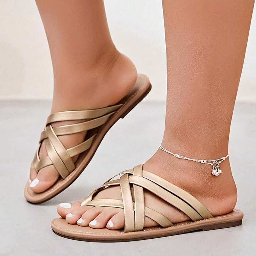 Pairs  Beach    Elegant  Fashionable  Cute  Casual    PU Leather    Women's Flat Sandals  Beach  Vacation  Party  Office  Wedding  Holiday  Home  Outdoor    Summer - 金色 - 查看 1