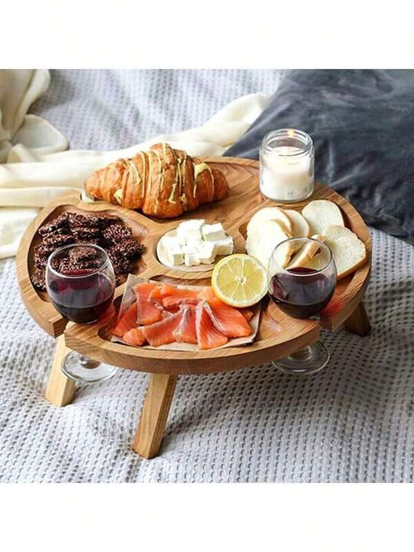 1 pieza Bandeja plegable redonda de 11.8 pulgadas de madera maciza versátil, perfecta para actividades al aire libre, picnics, campamentos, barbacoas en la playa y fiestas, incluyendo mesas para vino y aperitivos, fácil de llevar a la fiesta de Navidad en el patio