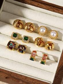 6pcs/Set Vintage Red Cat Eye Faux Pearl Wrap Earrings, Luxury Niche Design, High-End Festive Christmas, Minimalist Versatile Personalized Earring Set Suitable For Women's Daily & Holiday Wear