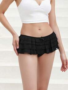 Pantalones bombachos de mujer con volantes en capas y lazo, de talle bajo, para usar debajo de vestidos y ropa de verano. - Negro - Ver 3
