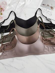 4pcs Women's Comfortable Sleeping Casual Striped Wireless Soft Cup Solid Color Bras - Multicolor - View 3