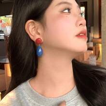 1 Pair Retro Hong Kong Style Contrast Color Geometric Teardrop Earrings, Exaggerated Fashion Earrings For Holiday - Blue - View 2