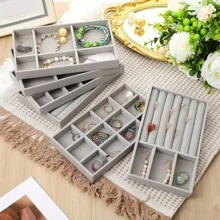 1 Stück / 6 Stück grau Flanell Tablett Schmuckablage, Samt Schmuck Präsentationsständer, stapelbares luxuriöses Schmuckstativ, tragbare Ring Ohrring Halskette Aufbewahrungsbox, Schmuckbox Zubehör, Haarbeutel, Tablett Dekoration, Tablett Haaraccessoires für Frauen Aufbewahrungsorganizer, Reiseessenziale, Geschenk