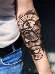 1 张大尺寸人体艺术临时纹身贴纸，男女适用，素描写实风格皇冠玫瑰狮子时钟老虎图案，防水假纹身，持续 2-5 天，遮盖疤痕，可用于手臂手腕肩膀腿腰颈部手胸部大腿手指，闺蜜情侣纹身 - 黑色 - 查看 2
