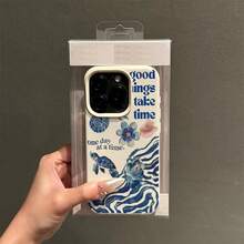 1 pieza Funda de teléfono de material TPU con diseño de tortuga vintage, flor y ola de agua compatible con iPhone y otros teléfonos, versión internacional, no la versión nacional - Blanco - Ver 2