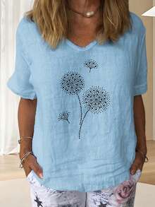 Womens Vintage Flowers V Neck Shirt Boho Floral Wildflowers Graphic Tee Casual Cottagecore Short Sleeve Cotton Linen T Shirt - Màu xanh lam - Xem 2
