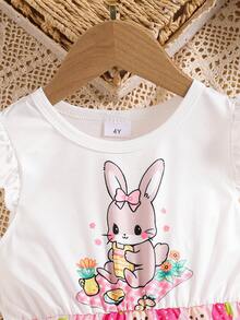 Young Girl' Cartoon Rabbit & Strawberry Print Dress, Casual Adorable Frill Trim And Sleeves Cake Dress - White - View 3