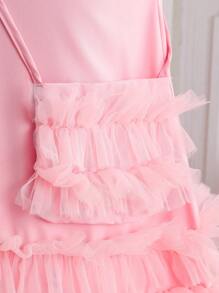 Vestido para niñas, vestido de verano, Vestido rosa de malla de moda para chicas, Vestir de princesa con decoración de dobladillo de encaje + Decoración de cordón, Incluye bolso, Vestimenta de fiesta para exteriores, vacaciones, viajes