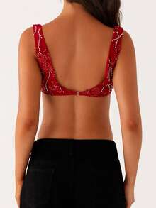 Women's Summer Sequin Bralette Slim Fit Stylish Scoop Neck Sleeveless Sparkly Crop Tops, S/M/L - Red - View 7