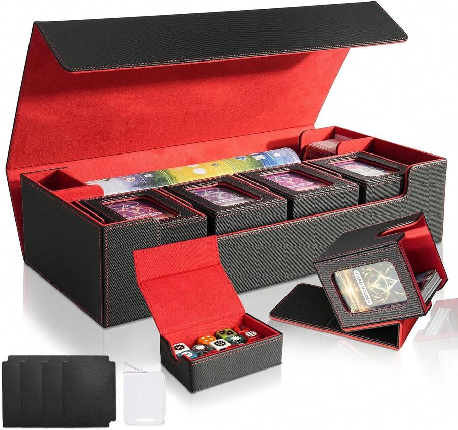 Deck Box For MTG Commander, Magnetic Card Display Case, TCG Card Storage Box, Holds 100 Double-Sleeved Cards, Pink&Amp;Gray - Đen và đỏ - Xem 1