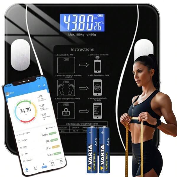 Balanças de pesagem para peso corporal, balanças digitais de banheiro com Bluetooth, balanças de gordura corporal, medidas, peso/gordura corporal/IMC, análise de composição corporal, pretas, lbs/kg, balança inteligente