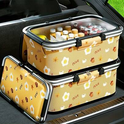 1pc Foldable Picnic Cooler Basket - Universal Waterproof Insulation With Steel Frame Structure, Portable For Outdoor Activities