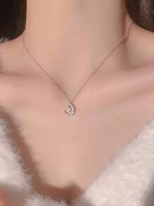 1pc Sparkling Star Moon Necklace, Fashion Luxury Elegant Delicate Minimalist Clavicle Chain Suitable For Daily Wear, Festival Gift