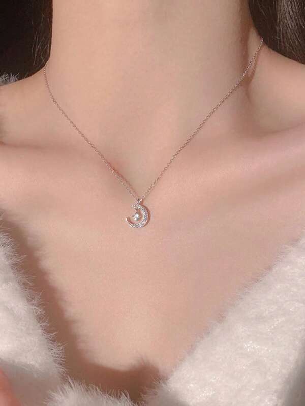 1pc Sparkling Star Moon Necklace, Fashion Luxury Elegant Delicate Minimalist Clavicle Chain Suitable For Daily Wear, Festival Gift