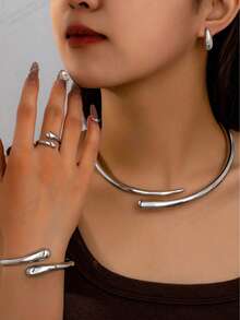 时尚合金水滴元素耳环、戒指、手链、波浪形吊坠项链套装，适合女性日常佩戴、节日、礼物、海滩派对 - 銀色 - 查看 1