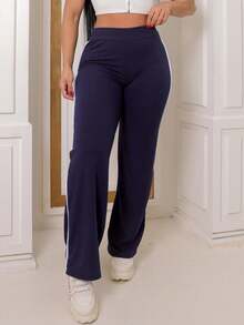 Women's Ribbed Pants With Side Detail White Cotton And Elastane Comfortable Casual Women's Fashion - 藍色 - 查看 5