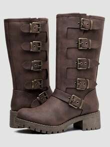 GLOBALWIN Chunky Mid Calf Fashion Dressy Motocycle Biker Military Style Combat Boots For Women Low Heel Fall Boots Halloween Season - màu nâu - Xem 1