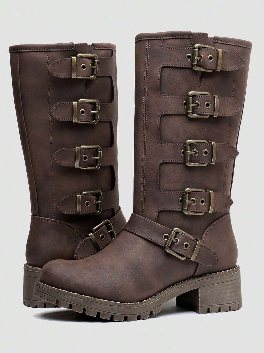 GLOBALWIN Chunky Mid Calf Fashion Dressy Motocycle Biker Military Style Combat Boots For Women Low Heel Fall Boots Halloween Season - màu nâu - Xem 1