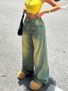 Damen Jeans mit Knöpfen vorne, Taschen und weitem Bein für Lässig-Looks - Helle Waschung - Übersicht 4