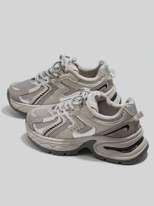 米色运动鞋女鞋2024新款厚底运动鞋女款舒适时尚跑步鞋休闲运动鞋女户外鞋女鞋透气网眼 - 灰色 - 查看 6