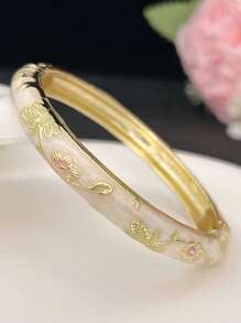 1 pieza Pulsera bohemia nueva y elegante estilo con esmalte champlevé chapado en oro y patrón floral, adecuada como joyería para mujeres y niñas
