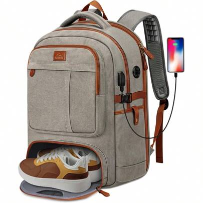 Canvas Backpack For Men With Shoe Compartment, Large TSA Friendly Travel Backpack For 17.3 Inch Laptop, Vintage Computer Daypack With USB Port, Anti-T