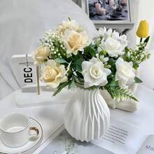 1 Stück Vase im Boho-Stil mit Streifen aus Kunststoff, elegantes Weiß - perfekt für Wohnzimmer, Arbeitszimmer, Weinregal Dekoration, multifunktionale Heimdekoration | Moderne Dekorationsstück | Stabile Kunststoffvase, dekorative Vase