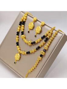 3 件套 24K 镀金铜串珠空心手工项链和手链首饰，时尚、百搭，适合女性、婚礼配饰