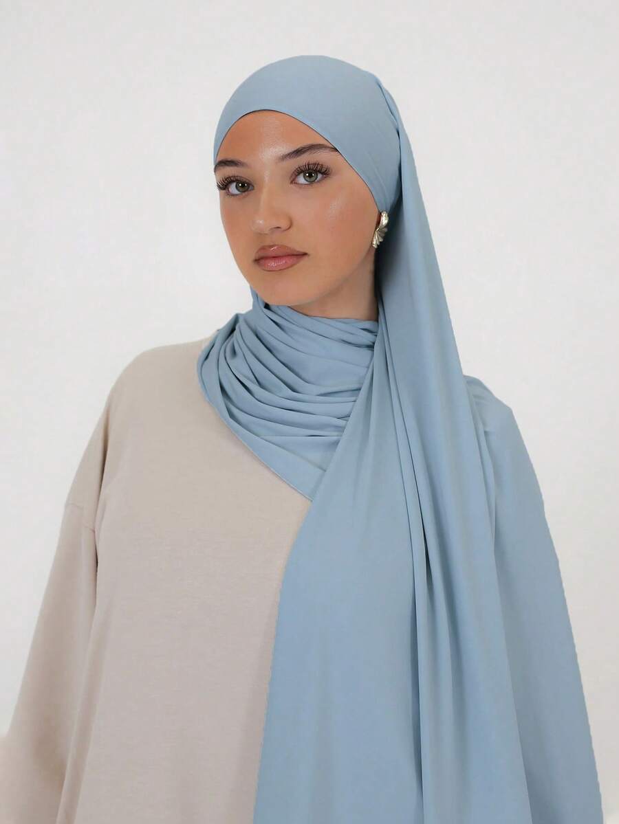1 Khăn trùm đầu Hijab trơn màu cổ điển dành cho nữ, Khăn quàng cổ viền dệt kim thanh lịch, Khăn choàng Turban Hijab Jersey mềm mại cao cấp, Thích hợp mặc hàng ngày, du lịch và sự kiện