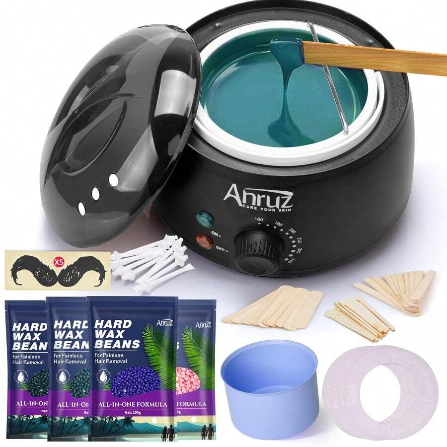 Kit de depilación con cera para mujeres y hombres que incluye: 1 bol de silicona, 4 bolsas de perlas de cera dura, 30 paletas aplicadoras para uso en casa. Calentador de cera para todo el Body, bikini, cejas y piel sensible - como en la foto - Ver 1