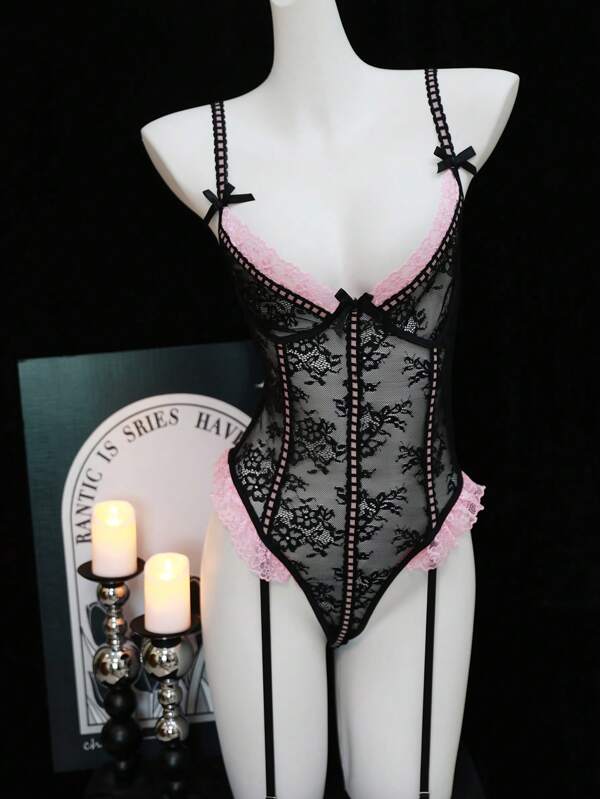 Conjunto de lencería sexy para mujer: sujetador de encaje y conjunto de bragas, body con espalda descubierta en forma de corazón con portaligas