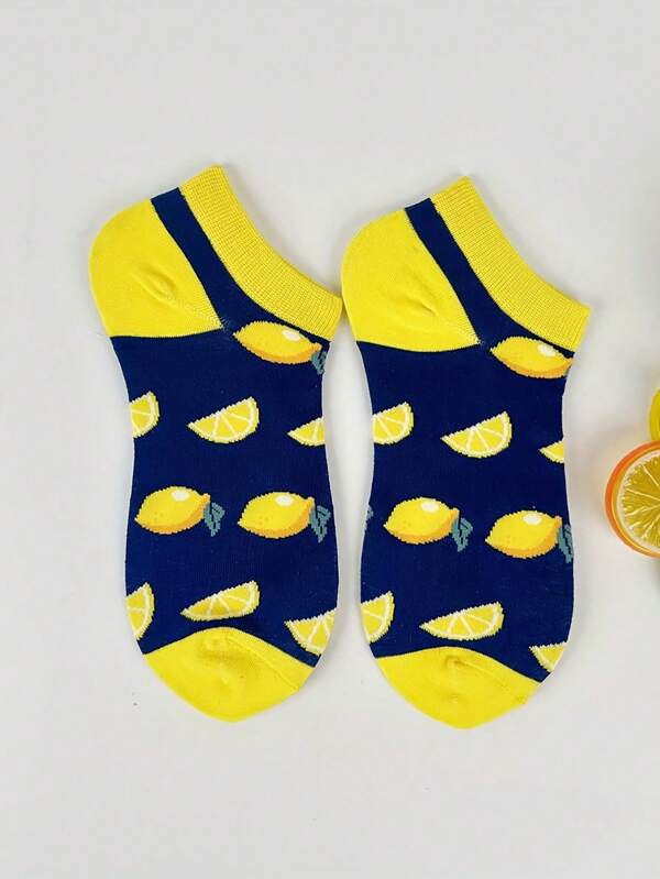 ‌Men's Summer Lemon Print Ankle Socks - Fresh Citrus Fruit Graphic Breathable Low-Cut Socks