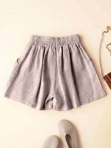 Shorts femininos casuais de linho com cordão na cintura e bolso para primavera e verão - Rosa - Ver 2