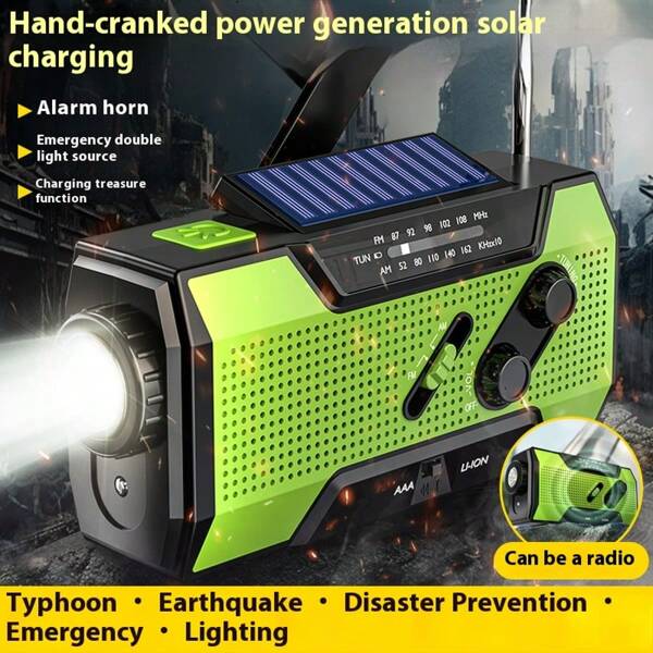 Radio solar con manivela AM/FM de 2000 mAh, radio portátil de emergencia USB recargable y dinamo de manivela para camping y viajes (verde)