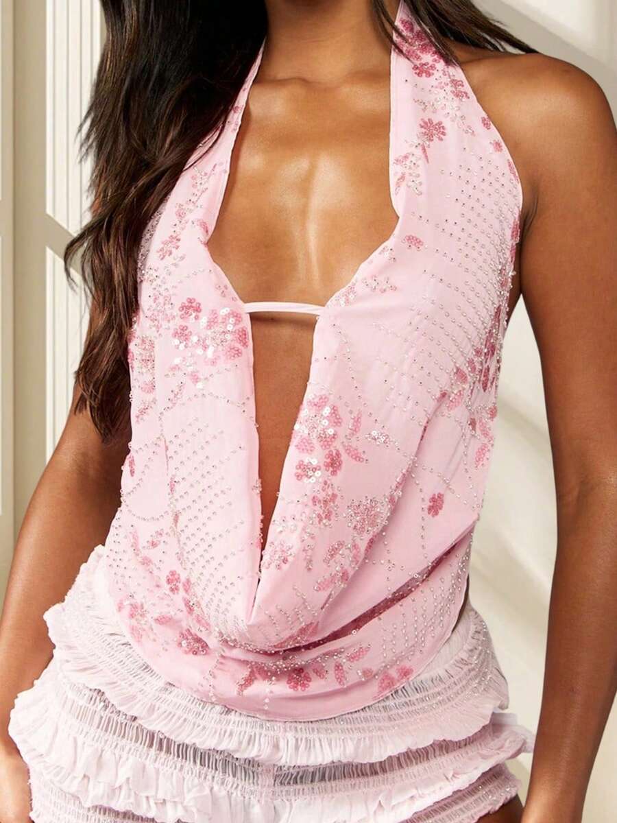 Sequin Halter Tops For Women Y2k Sparkly Sleeveless Backless Beaded Top Night Out Party Going Out Top Rave Outfits - Pink - View 1