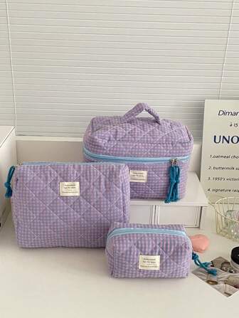 1個セット パープルチェック柄キルト加工 大容量コスメバッグ、ファッション ポータブルメイクアップバッグ、女の子 トラベルメイクポーチ、リップ、生理用品、コイン、鍵、ヘアクリップ、ヘアタイ収納可能な多機能バッグ、大容量トラベルトイレタリーバッグ、母の日ギフト、新学期ギフト、新年ギフト