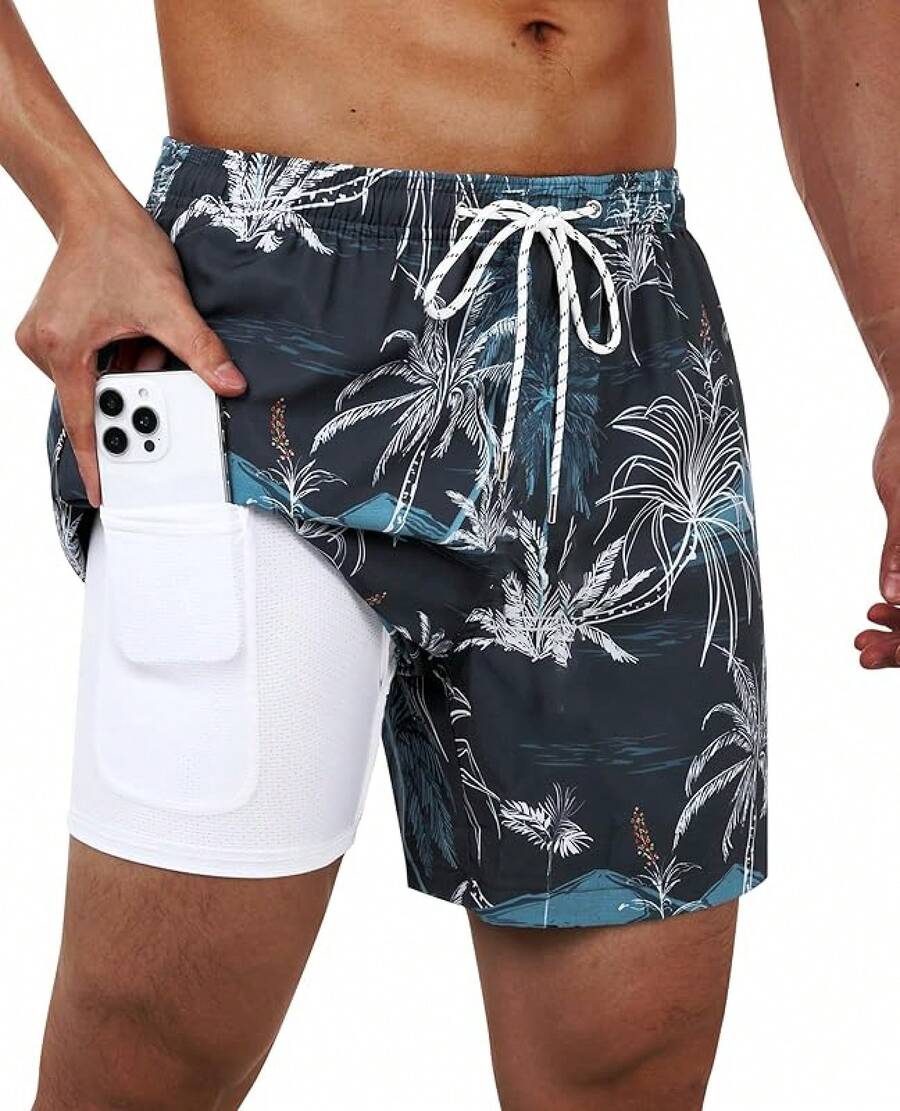 Bañador de hombre con forro de compresión, pantalón corto de baño de 5 pulgadas de entrepierna para hombres - Estampado azul marino - Ver 1