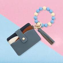 Cartera-llavero con muñequera, pequeño portacrediticordebaja con pulsera, argolla para llaves con borla de cuentas de silicona, versión coreana de alta calidad con articulación dividida, para mujeres - Gris Claro - Ver 3