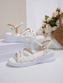 全新时尚黑蝴蝶厚底女式凉鞋，白色