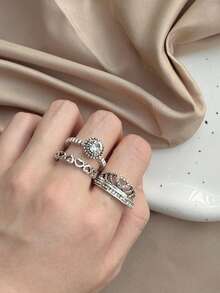 4 Pieces/Set Metal Material With Rhinestones Aged Silver Plated Women Ring Set - AN8202 8-8 - Xem 3