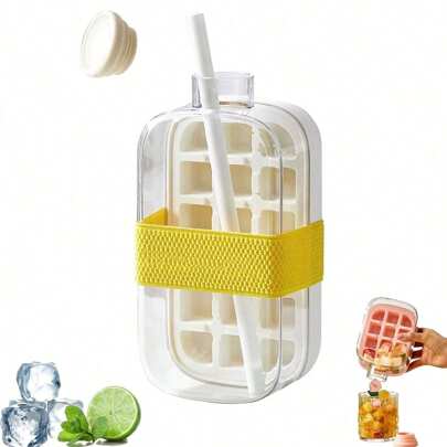 1 Bottiglia con cubetti di ghiaccio, 2 in 1 Bottiglia d'acqua con vassoio per cubetti di ghiaccio e coperchio senza contatto, vassoio per bastoncini di ghiaccio, facile rimozione del ghiaccio per freezer, a tenuta stagna, per caffè e succhi