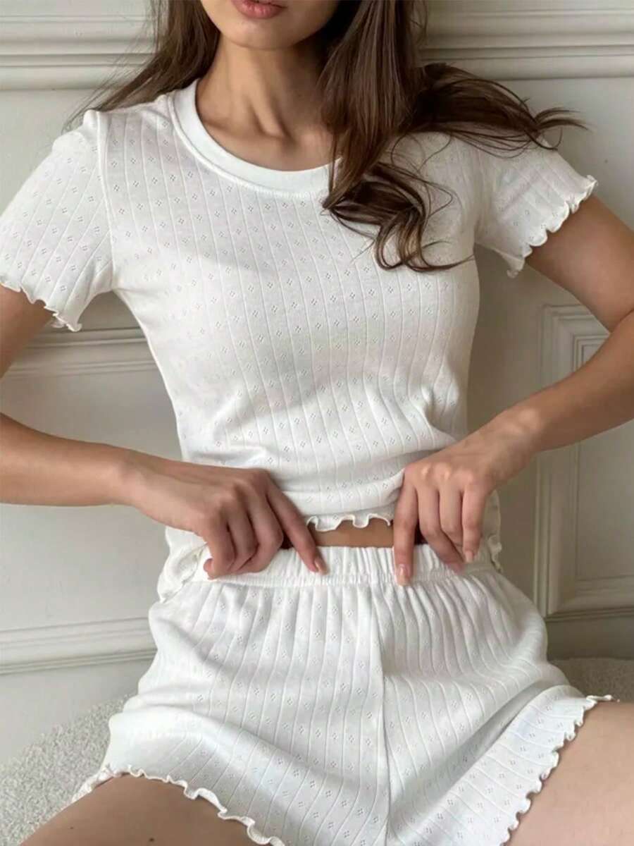 2 件套女士欧美风格提花荷叶边短袖和短裤睡衣套装，夏季休闲圆领家居服 - 白色 - 查看 1