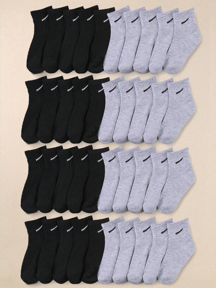 20 Pairs Kids' Socks - Black & Gray Sport Grew Socks For Boys & Girls (1-14 Years), Breathable Stretchy Athletic Socks For School, Running, Daily Wear | Soft Comfortable Unisex Socks For Teens & Children