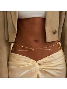 Women's 2-Piece Bohemian Layered Waist Chain, Adjustable Stainless Steel Bead Body Jewelry, Beach Waist Chain, Women's Adjustable Waterproof Sexy Bikini Body Chain Jewelry - 金色 - 查看 2