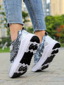 男孩/女孩/青少年简约钩环溜冰鞋，快速滑动，方便穿脱，4 轮设计，可拆卸，休闲运动鞋 - 黑色 - 查看 6